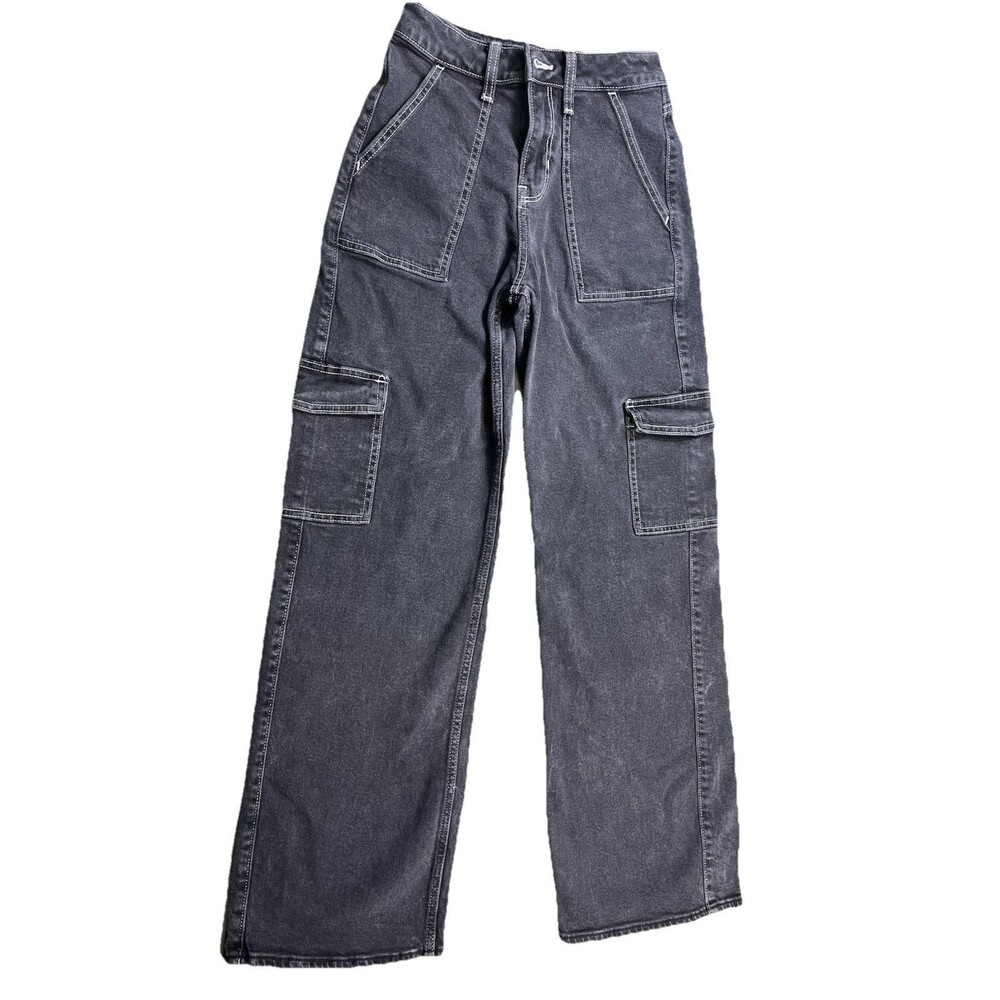 Hollister High Rise Vintage Baggy Cargo Jeans Black Wide Leg Carpenter W23 L31